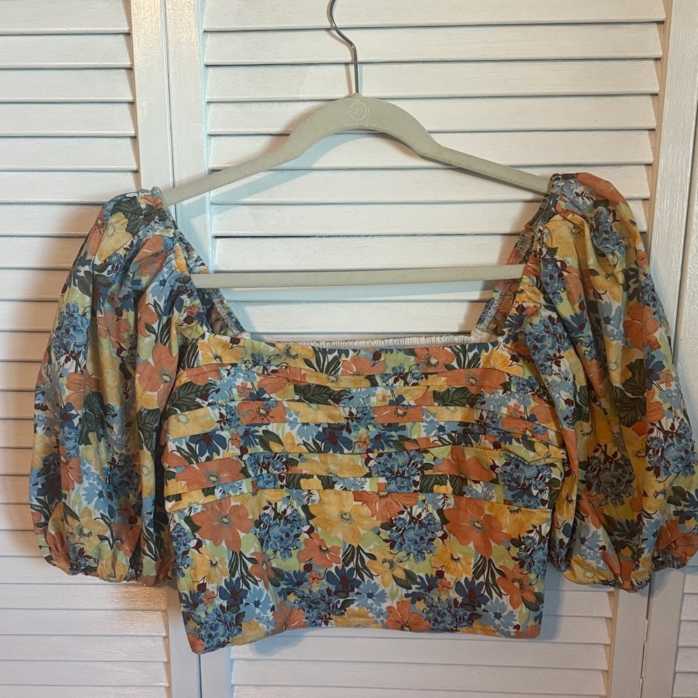 Abercrombie & Fitch Floral Puff Sleeve Crop Top - Blue, Yellow, Orange